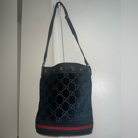 Gucci Ophidia Velvet Bucket Bag in Navy with Web 574960  3326879 - Picture 3 of 12